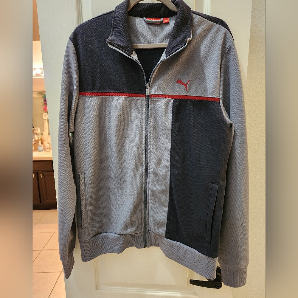 Puma Men's Knit Track Jacket Gray and Navy Colorblock Large